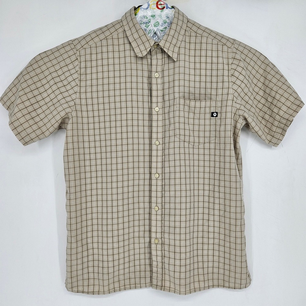 Marmot Shirt Mens Large Short Sleeve Button‎ Up Tan Check Hiking Outdoors